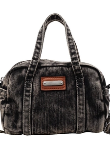 Vintage acid-washed denim handbag in grey black with brown leather patches and top handle