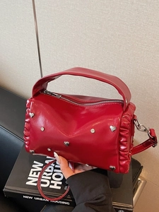 Retro red PU leather tote bag with butterfly hardware and silver heart studs