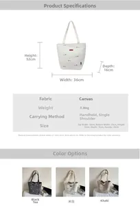 Detailed dimension chart for large canvas tote bag in white, black and khaki colors