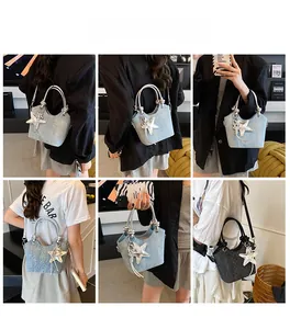 Collage of trapezoid crossbody bags with star pendants shown in multiple styles
