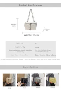 Detailed size specifications and color options for the rhinestone quilted chain box bag