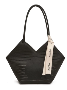 Grand sac cabas en cuir noir ajouré avec motifs géométriques et ruban beige décoratif