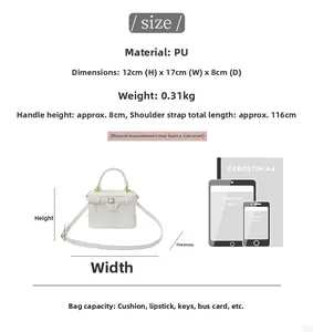 Detailed size specifications for white PU mini square bag with dimensions and capacity