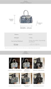 Spécifications de taille et options de couleur pour le sac en denim avec nœud en dentelle