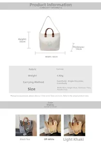 Detailed size chart for large canvas tote bags with 40cm width and multiple colors
