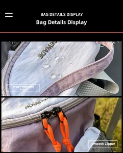 Detail of water-resistant fabric and dual smooth zippers on a hiking backpack