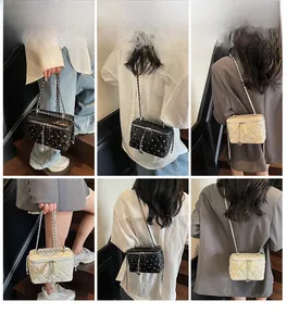 Quilted diamond chain bag with rivets and tassels shown on a model in multiple outfits