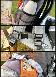 Detail of outdoor backpack featuring breathable mesh side pockets and adjustable buckle straps