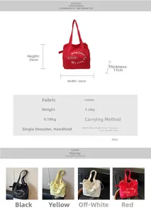 Detailed size specifications and color options for the canvas tote bag with dimensions