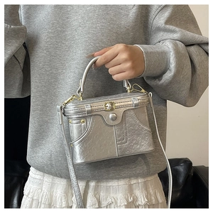 Detail of silver embossed box bag with metallic texture and gold buckle design