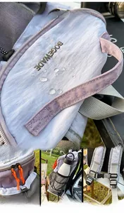 Detail of lavender hiking backpack showing water-resistant fabric and side mesh pocket