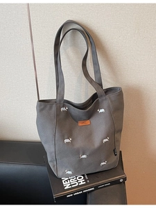 Women Large Capacity Canvas Tote Bag Cute Puppy Embroidery Shoulder Bag Versatile Casual College Student Handbag Daily Tote