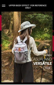 Detail view of the outdoor hiking backpack side mesh pocket and elastic drawstring