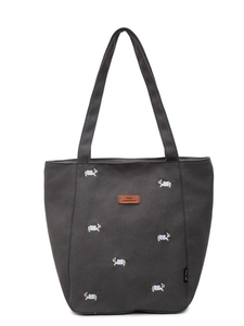 Dark gray canvas tote bag with embroidered dog patterns and large capacity for daily use