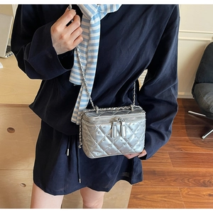 Close-up of silver quilted vanity case bag with metallic finish and chain strap