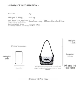 Size chart showing dimensions for a stylish PU handbag with bow and heart patterns