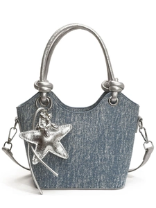 Blue denim bucket handbag with silver handles, starfish charm and detachable strap