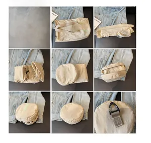 Collapsible tote bag showing step-by-step folding process into a compact round shape