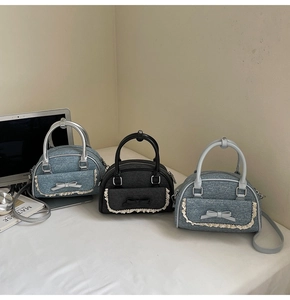 Three denim shell bags with lace bows in dark blue, charcoal, and light blue denim finish
