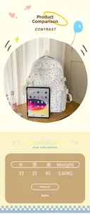 Size chart for star print nylon backpack showing dimensions 33x20x45cm and weight 0.6kg