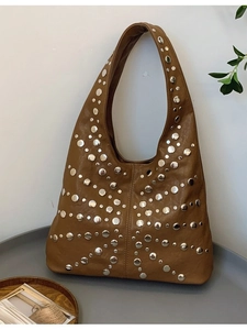 Large Capacity Women PU Leather Hobo Shoulder Bag Vintage Rivet Studded Tote Bag For Commuting Daily Fashion Handbag
