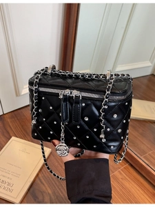 Women Luxury Quilted PU Leather Vanity Bag With Rhinestones Camellia Pendant Chain Strap Crossbody Box Bucket Purse Handbag