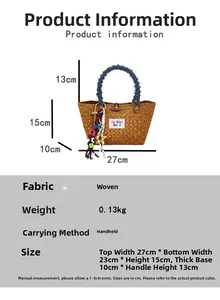 Detailed size chart for handmade woven beach bag with specific product measurements