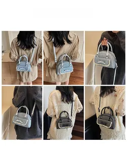 Collage of mini denim shell bags featuring ribbon bows and lace trim on models