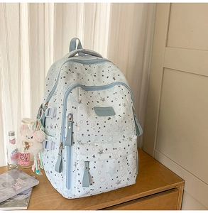Detail of light blue starry backpack with side pocket and cute white plush charm