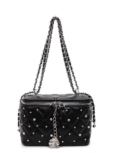 Quilted diamond lattice vanity case with silver studs and camellia chain strap