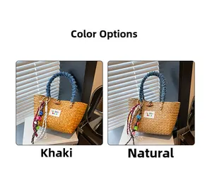 Comparison of woven beach bags in khaki and natural beige with chic beaded charms