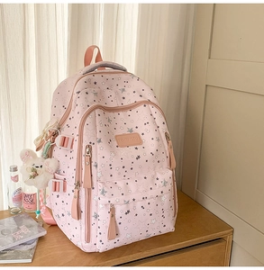 Detail view of pink starry backpack showing the TEMENGTU logo and plush bear charm