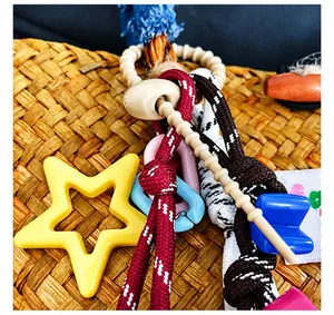 Detail show of star acrylic charm and colorful beaded strap on woven beach bag