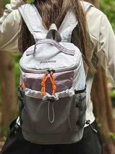 Outdoor color-block drawstring backpack in grey and purple with orange zipper details
