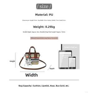 Size guide for woven straw bucket bag showing dimensions and capacity for phone and cosmetics