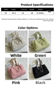 Size guide for large puff pleated shoulder bag with dimensions and weight specs