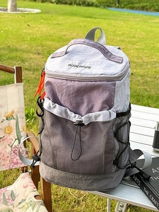 Outdoor hiking backpack with drawstring closure and purple-grey color block design