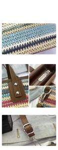 Detailed view of bohemian woven straw handbag with colorful stripes and PU leather handles