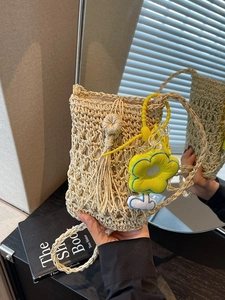 Borsa a Tracolla in Paglia Intrecciata a Mano Donna Piccola Borsa per Cellulare Con Nappine Girasole Vacanza Mare Casual