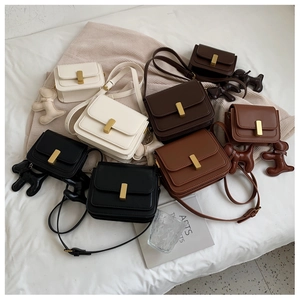 Detail showing various colors of small square crossbody bags with golden metal clasps