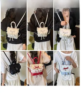 Detail showing lace-edged sweet mini backpack with bow decoration and metal pendants