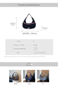 Size diagram and dimensions for large denim crescent shoulder bag with strap detail