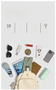 Flat lay of cream multi-pocket nylon backpack showing storage for tablet and daily items