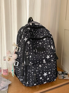 Star Pattern Large Capacity School Backpack For Teenager Girls Cute Sweet Nylon Daypack With Plush Pendant Printed Star Bag