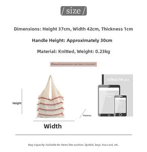 Detailed size chart of cream knitted tote bag with red fringe and dimension markers