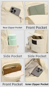 Detailed grid showing multi-pocket storage layout and anti-theft zipper of the beige backpack