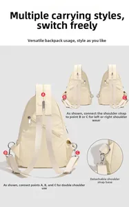 Detail view of beige convertible backpack showing adjustable straps for multi-way carry