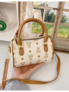 Women's Mini Boston Bag Cute Bear Print Cylinder Crossbody Bag PU Leather Small Handbag Fashion Stitching Shoulder Bag