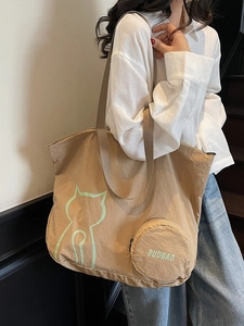 Grand sac fourre-tout en nylon kaki avec motif chat et petit porte-monnaie assorti