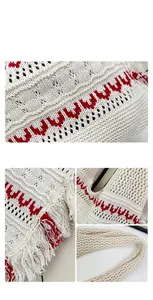 Close-up of knit tote bag with red wave patterns, mesh texture, and white fringe trim